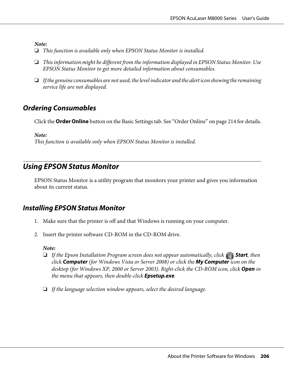 Ordering consumables, Using epson status monitor, Installing epson status monitor | Epson ACULASER M8000 series User Manual | Page 206 / 248