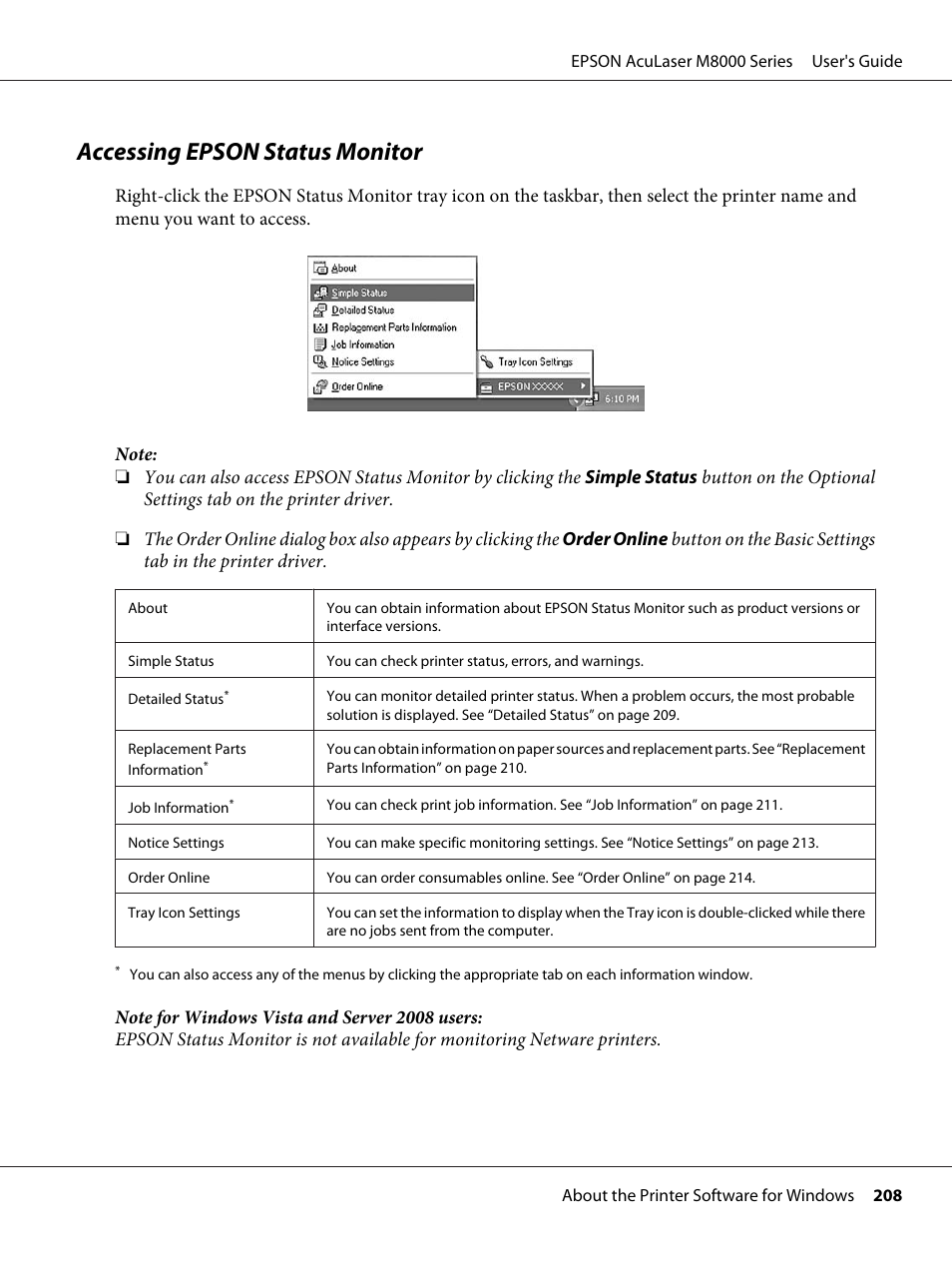 Accessing epson status monitor | Epson ACULASER M8000 series User Manual | Page 208 / 248