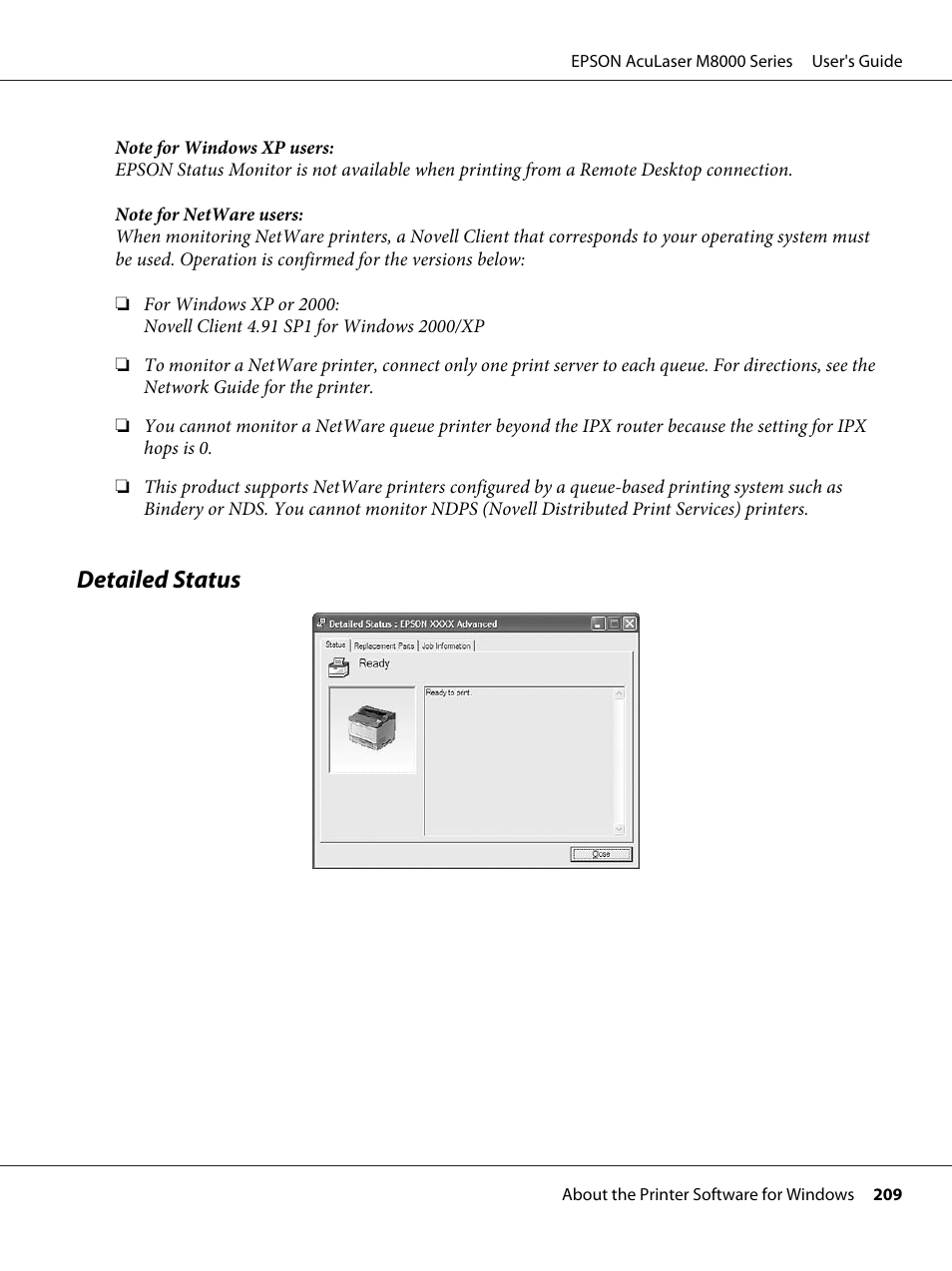 Detailed status | Epson ACULASER M8000 series User Manual | Page 209 / 248