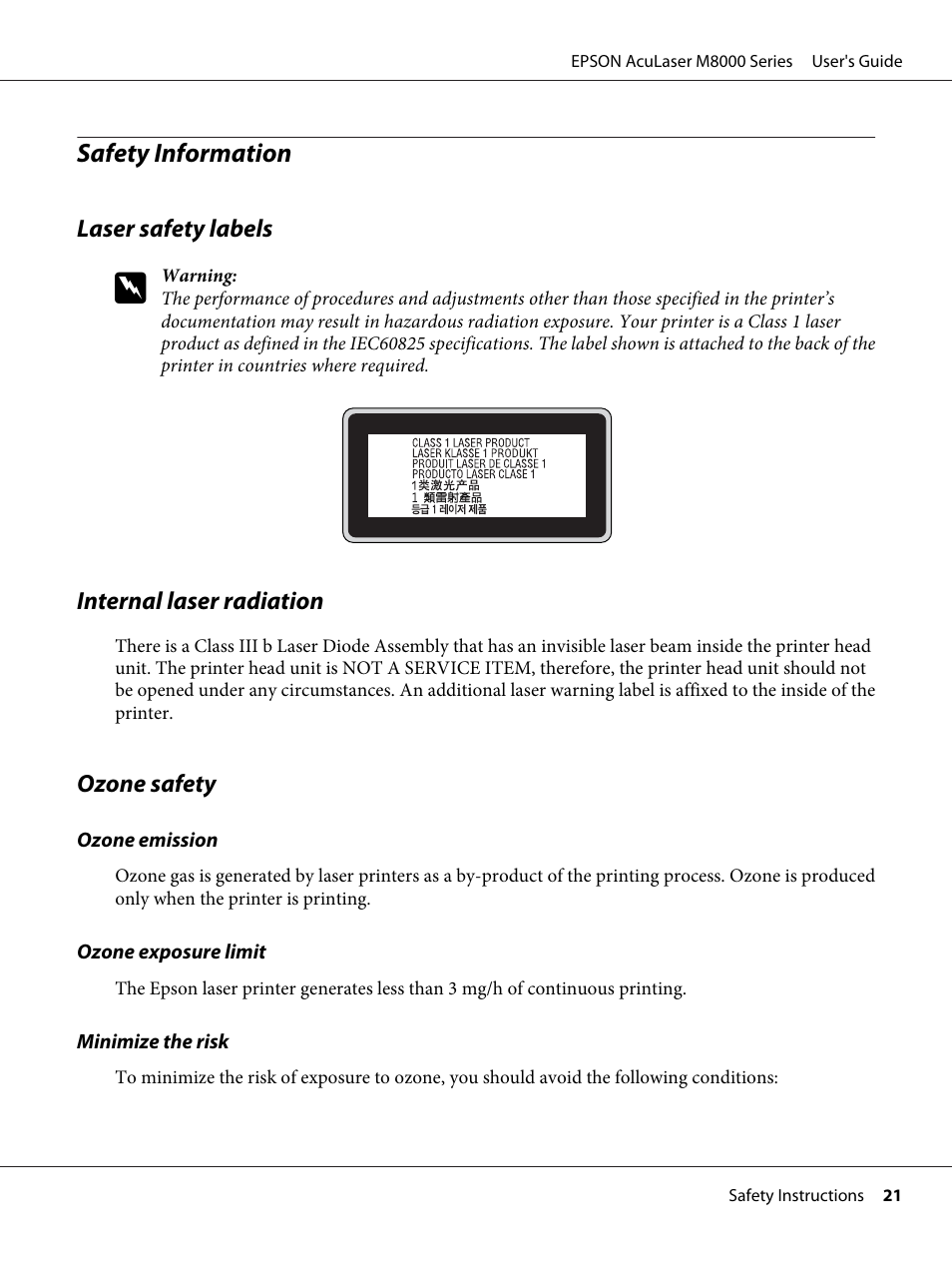 Safety information, Laser safety labels, Internal laser radiation | Ozone safety | Epson ACULASER M8000 series User Manual | Page 21 / 248