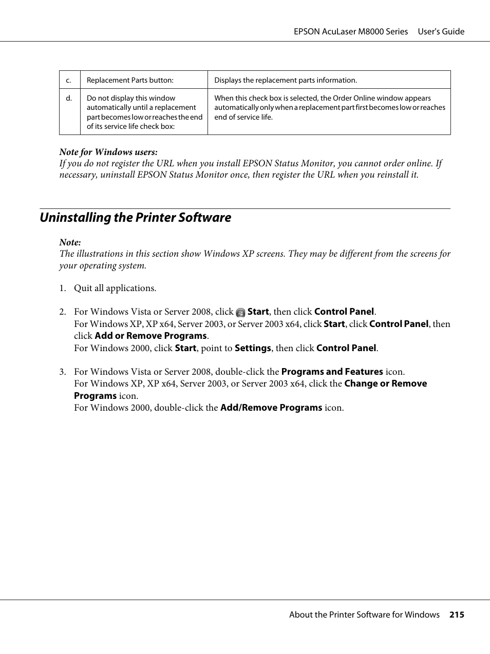 Uninstalling the printer software | Epson ACULASER M8000 series User Manual | Page 215 / 248