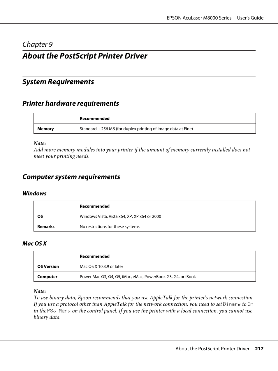 About the postscript printer driver, System requirements, Printer hardware requirements | Computer system requirements, Chapter 9 about the postscript printer driver, Chapter 9 | Epson ACULASER M8000 series User Manual | Page 217 / 248