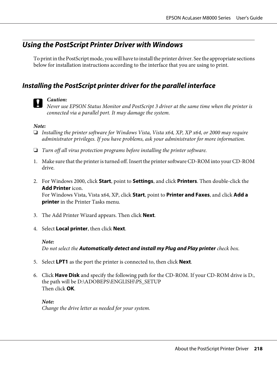 Using the postscript printer driver with windows | Epson ACULASER M8000 series User Manual | Page 218 / 248