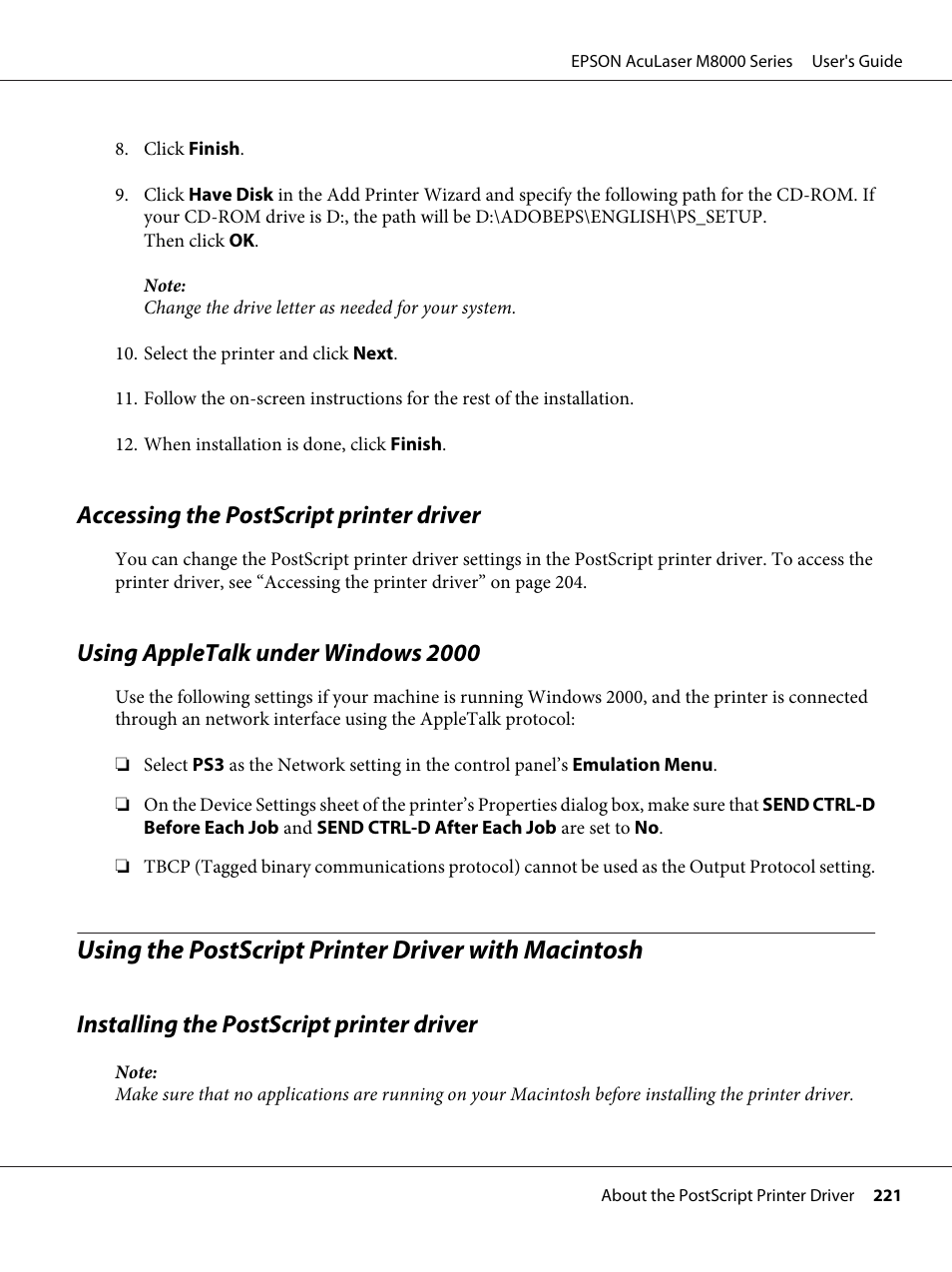 Accessing the postscript printer driver, Using appletalk under windows 2000, Using the postscript printer driver with macintosh | Installing the postscript printer driver | Epson ACULASER M8000 series User Manual | Page 221 / 248