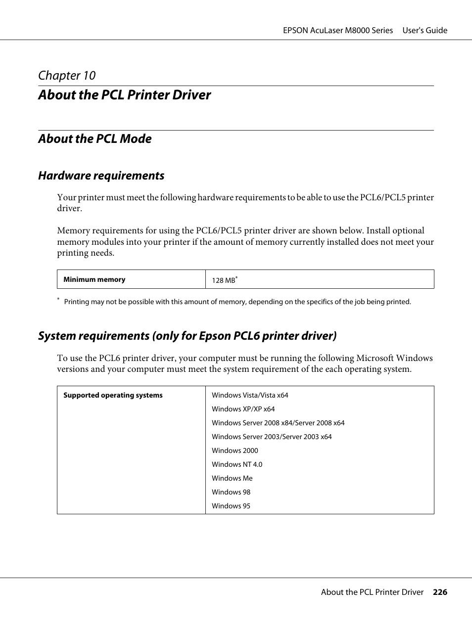 About the pcl printer driver, About the pcl mode, Hardware requirements | Chapter 10 about the pcl printer driver, Chapter 10 | Epson ACULASER M8000 series User Manual | Page 226 / 248