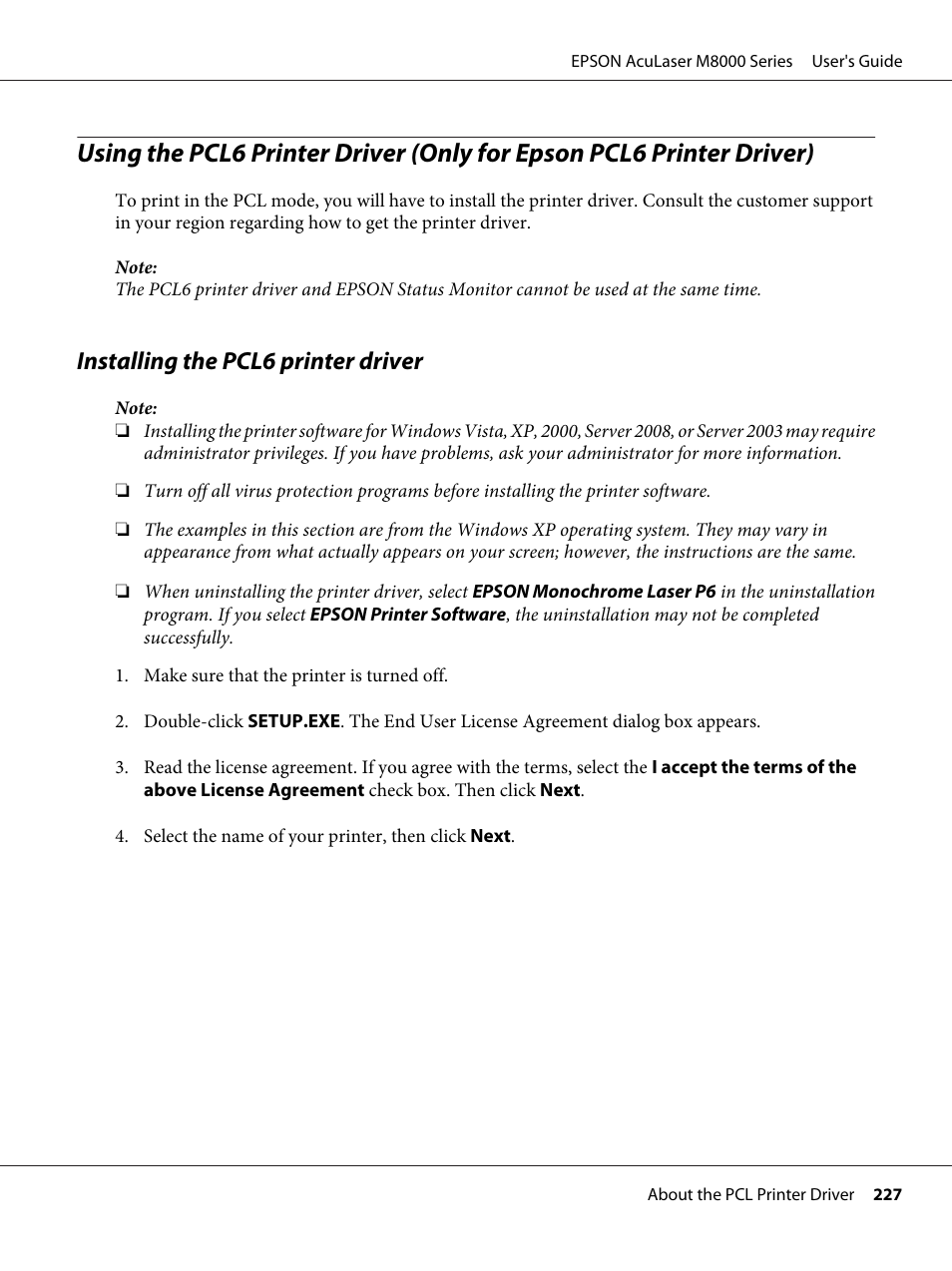 Installing the pcl6 printer driver | Epson ACULASER M8000 series User Manual | Page 227 / 248