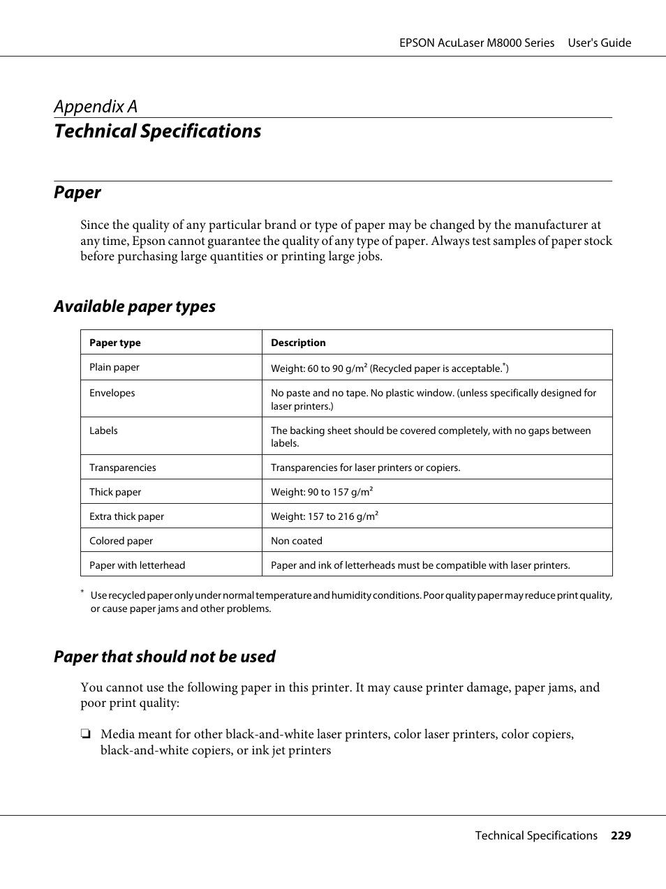 Technical specifications, Paper, Available paper types | Paper that should not be used, Appendix a technical specifications, Appendix a | Epson ACULASER M8000 series User Manual | Page 229 / 248