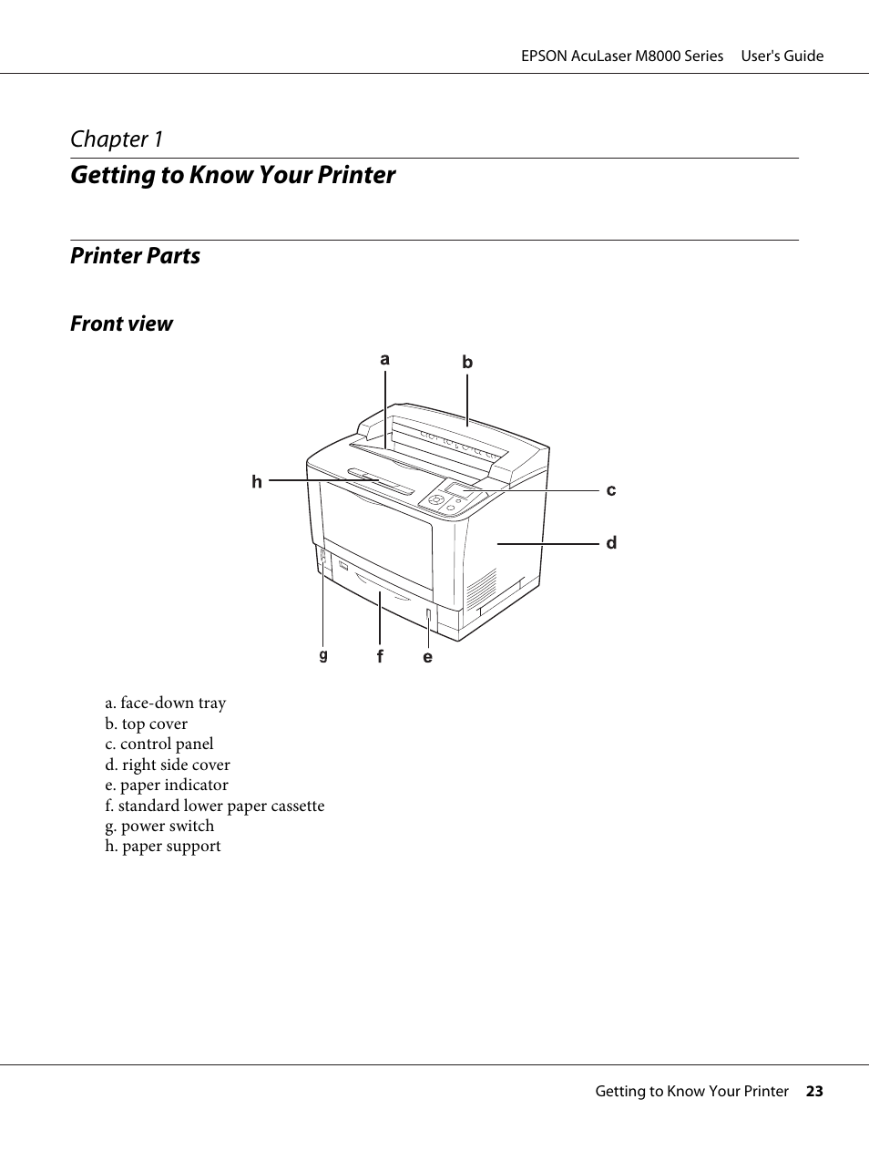 Getting to know your printer, Printer parts, Front view | Chapter 1 getting to know your printer, Chapter 1 | Epson ACULASER M8000 series User Manual | Page 23 / 248