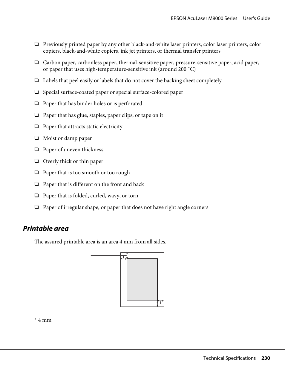 Printable area | Epson ACULASER M8000 series User Manual | Page 230 / 248