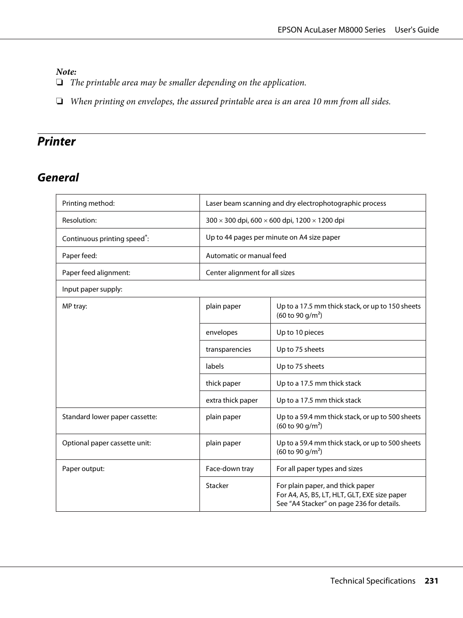 Printer, General | Epson ACULASER M8000 series User Manual | Page 231 / 248