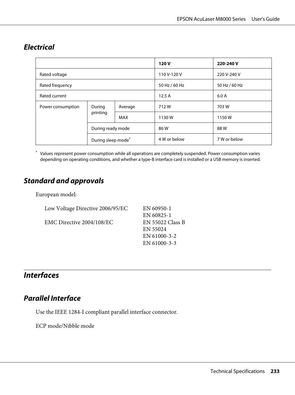 Electrical, Standard and approvals, Interfaces | Parallel interface, Electrical standard and approvals | Epson ACULASER M8000 series User Manual | Page 233 / 248