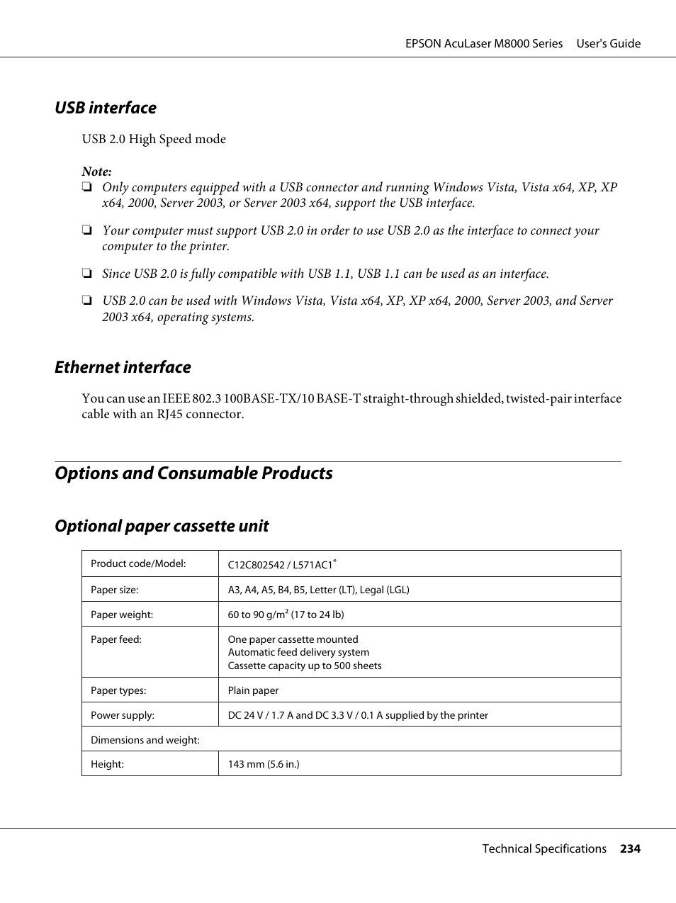 Usb interface, Ethernet interface, Options and consumable products | Optional paper cassette unit, Usb interface ethernet interface | Epson ACULASER M8000 series User Manual | Page 234 / 248