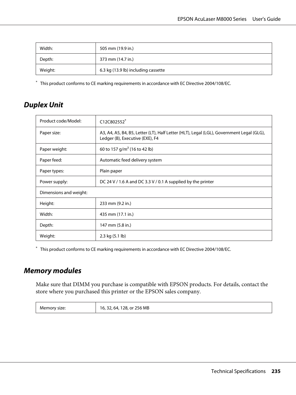 Duplex unit, Memory modules, Duplex unit memory modules | Epson ACULASER M8000 series User Manual | Page 235 / 248
