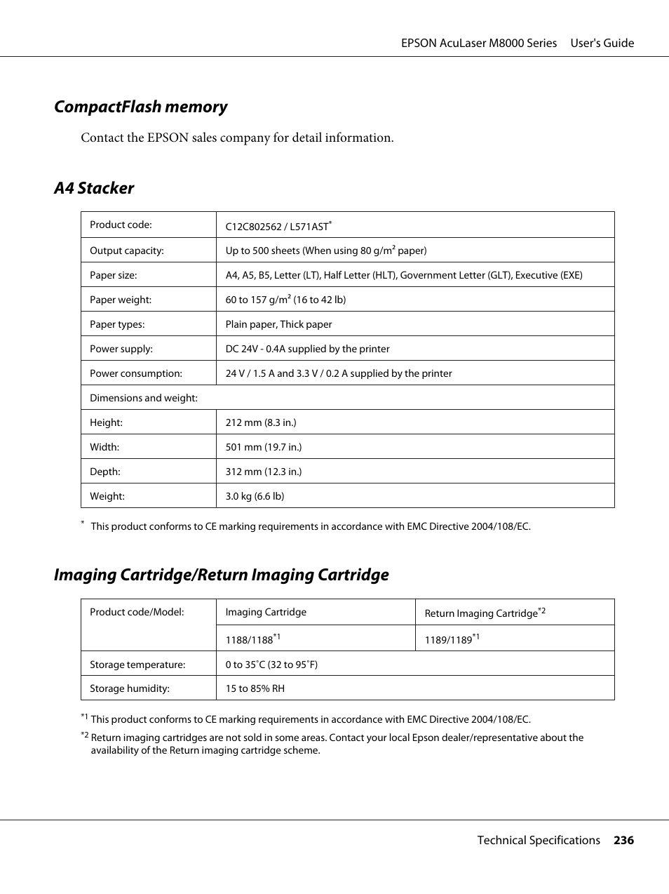 Compactflash memory, A4 stacker, Imaging cartridge/return imaging cartridge | Epson ACULASER M8000 series User Manual | Page 236 / 248