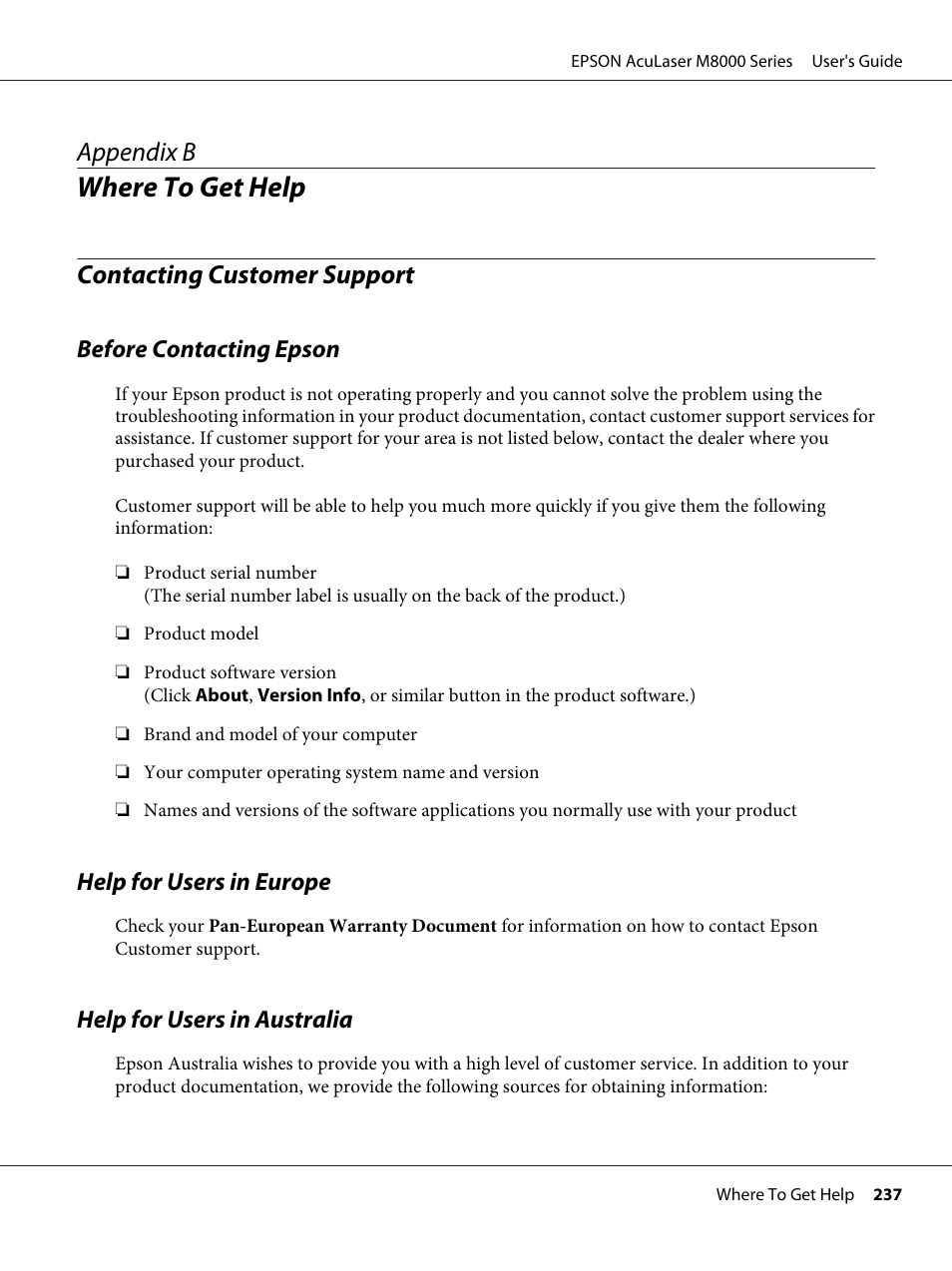 Where to get help, Contacting customer support, Before contacting epson | Help for users in europe, Help for users in australia, Appendix b where to get help, Appendix b | Epson ACULASER M8000 series User Manual | Page 237 / 248