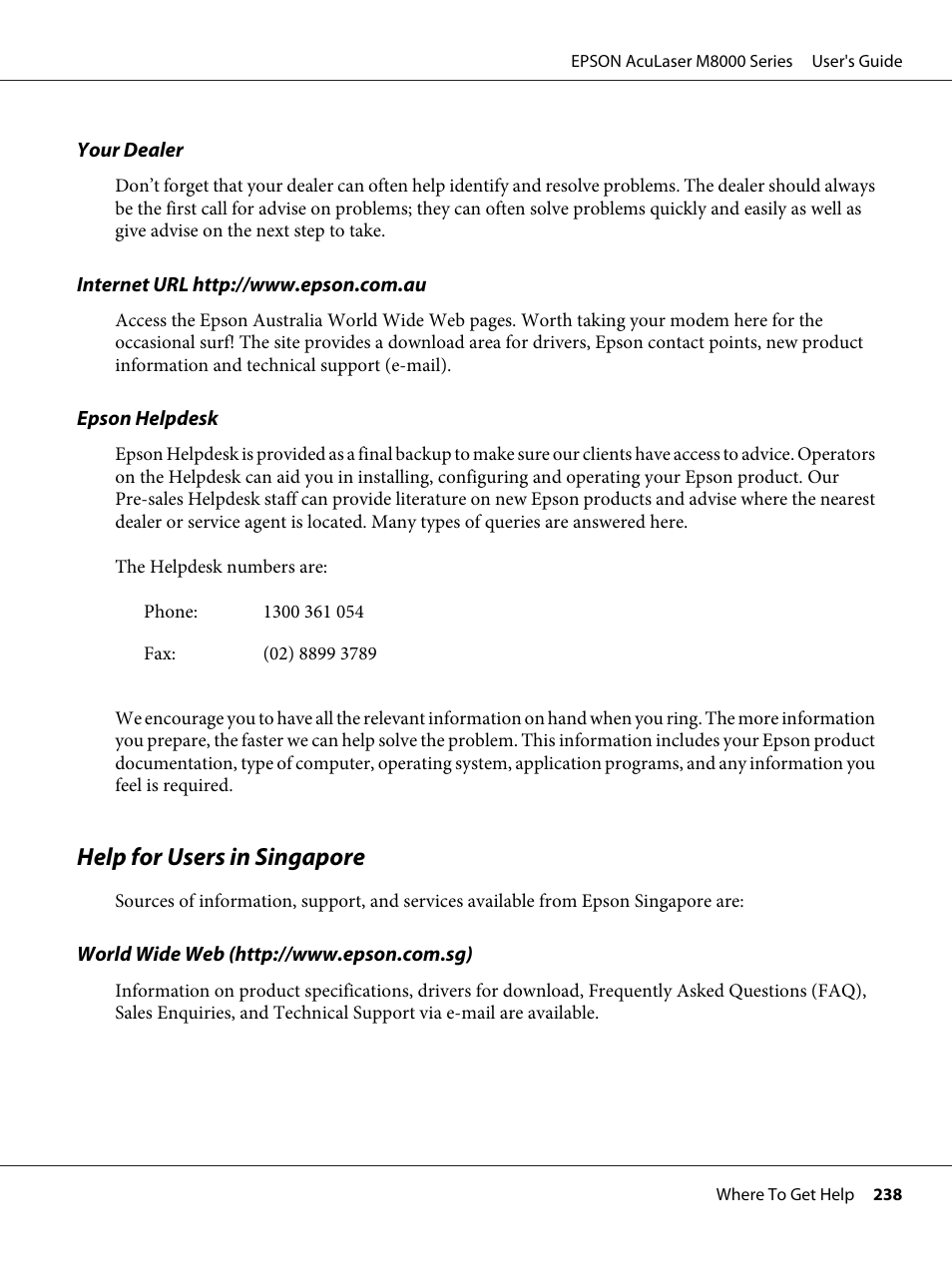 Help for users in singapore | Epson ACULASER M8000 series User Manual | Page 238 / 248