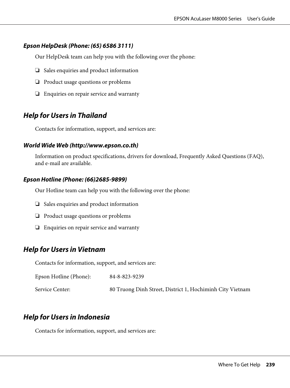 Help for users in thailand, Help for users in vietnam, Help for users in indonesia | Epson ACULASER M8000 series User Manual | Page 239 / 248
