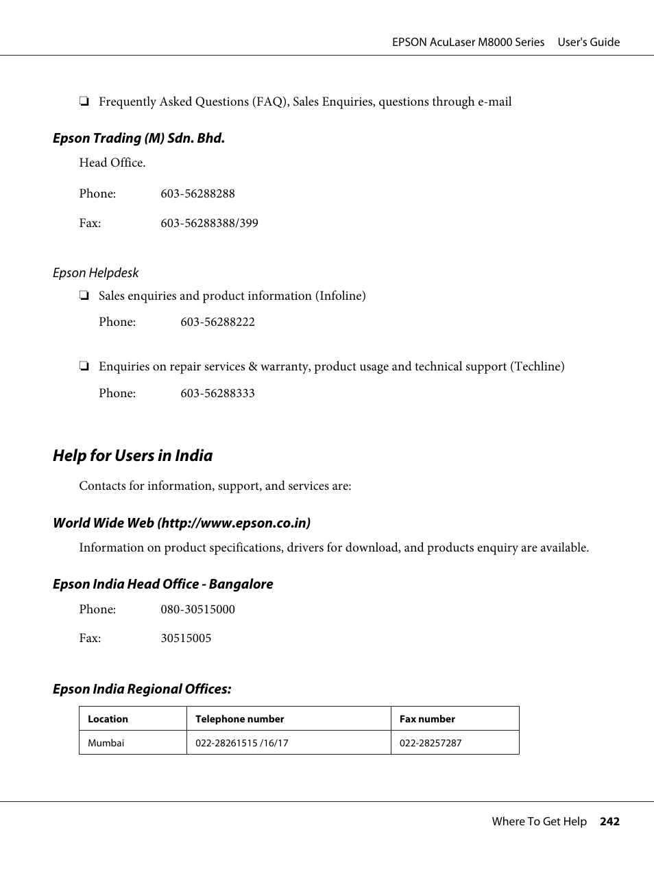 Help for users in india | Epson ACULASER M8000 series User Manual | Page 242 / 248