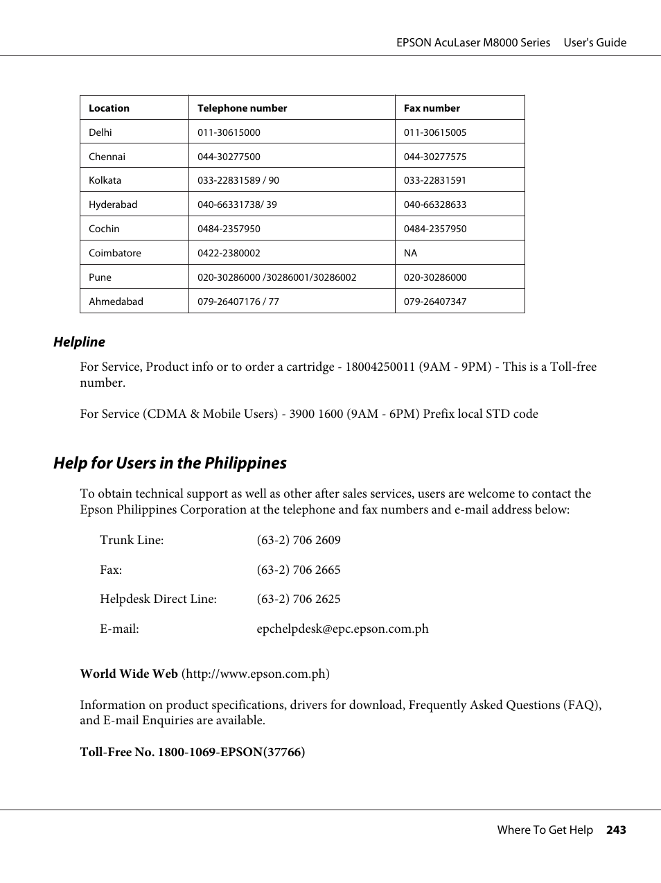 Help for users in the philippines | Epson ACULASER M8000 series User Manual | Page 243 / 248