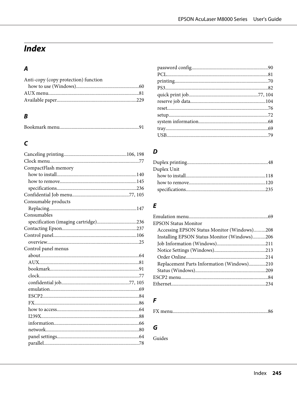 Index | Epson ACULASER M8000 series User Manual | Page 245 / 248