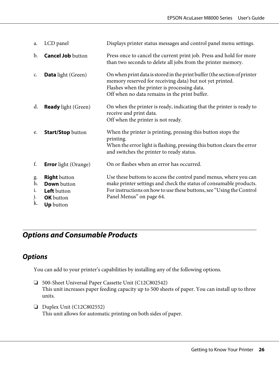 Options and consumable products, Options | Epson ACULASER M8000 series User Manual | Page 26 / 248
