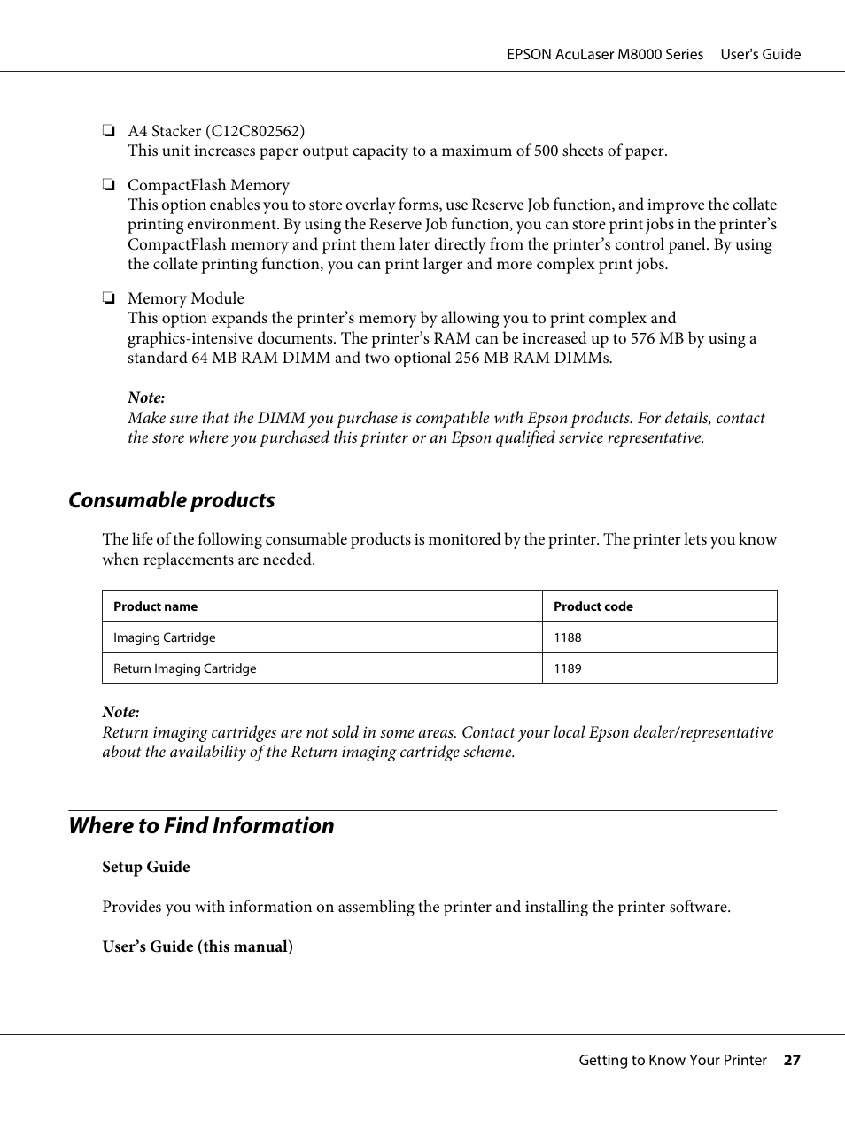 Consumable products, Where to find information | Epson ACULASER M8000 series User Manual | Page 27 / 248