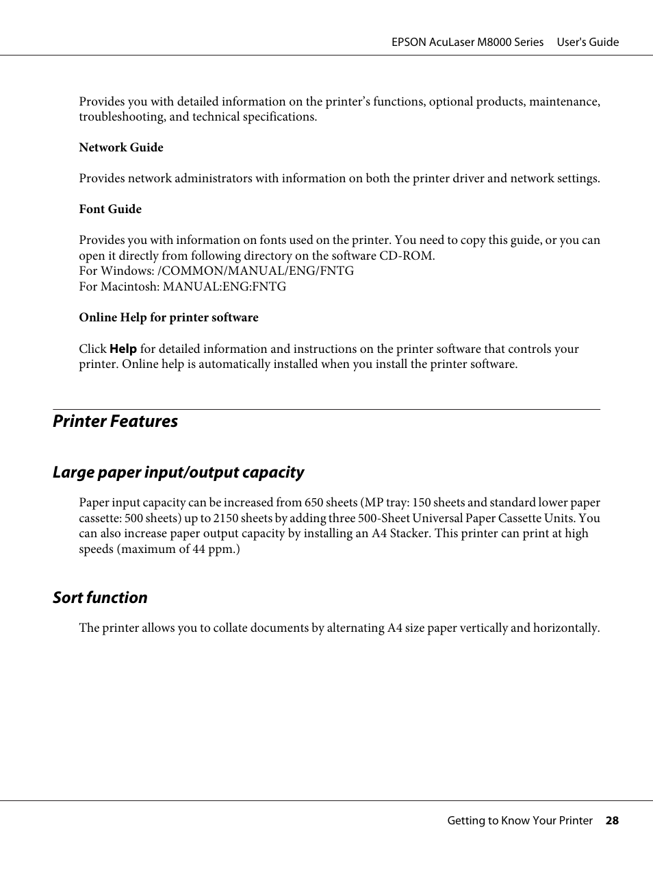 Printer features, Large paper input/output capacity, Sort function | Large paper input/output capacity sort function | Epson ACULASER M8000 series User Manual | Page 28 / 248
