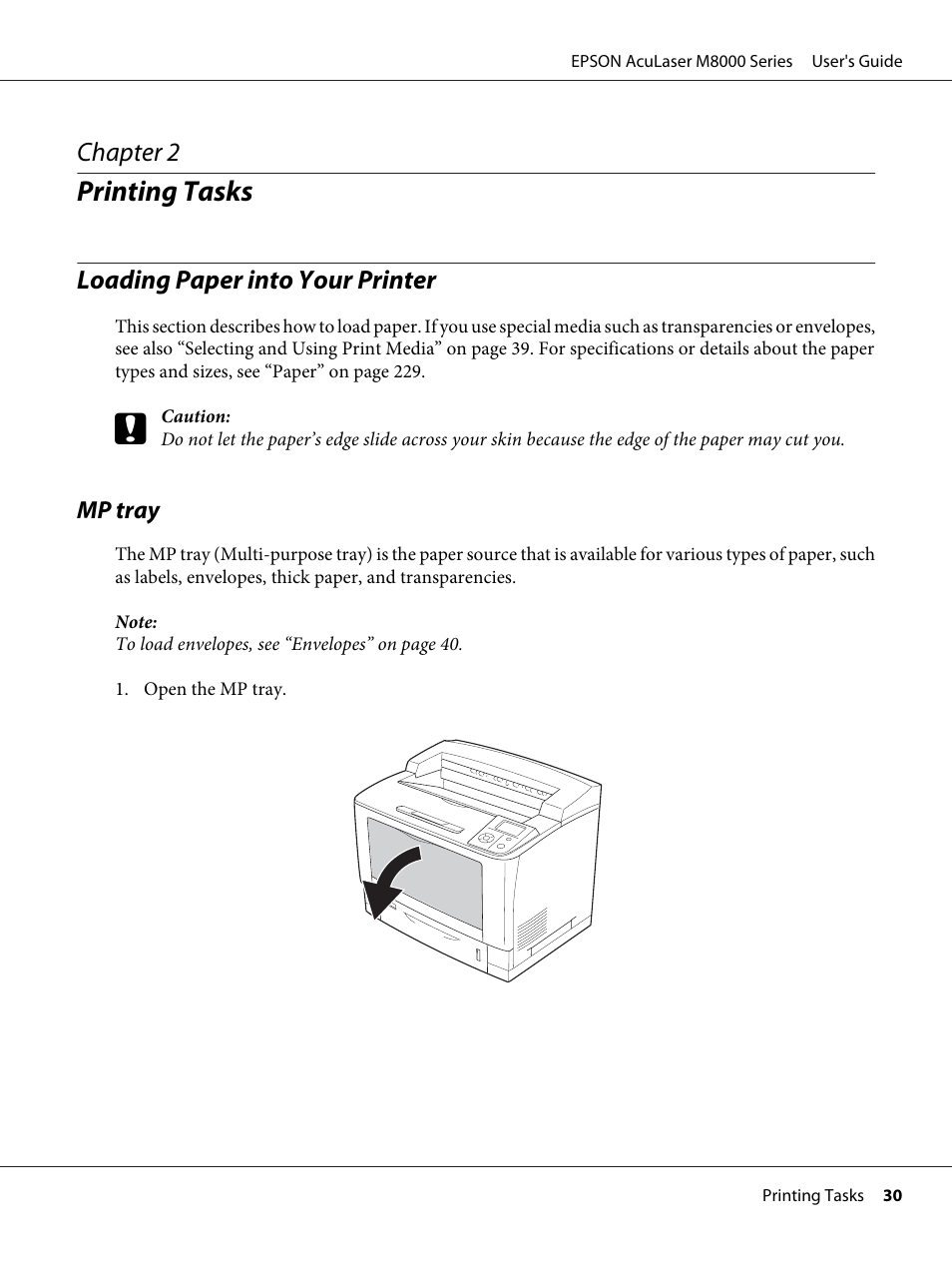 Printing tasks, Loading paper into your printer, Mp tray | Chapter 2 printing tasks | Epson ACULASER M8000 series User Manual | Page 30 / 248