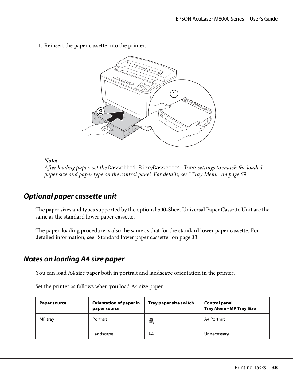 Optional paper cassette unit, Notes on loading a4 size paper | Epson ACULASER M8000 series User Manual | Page 38 / 248