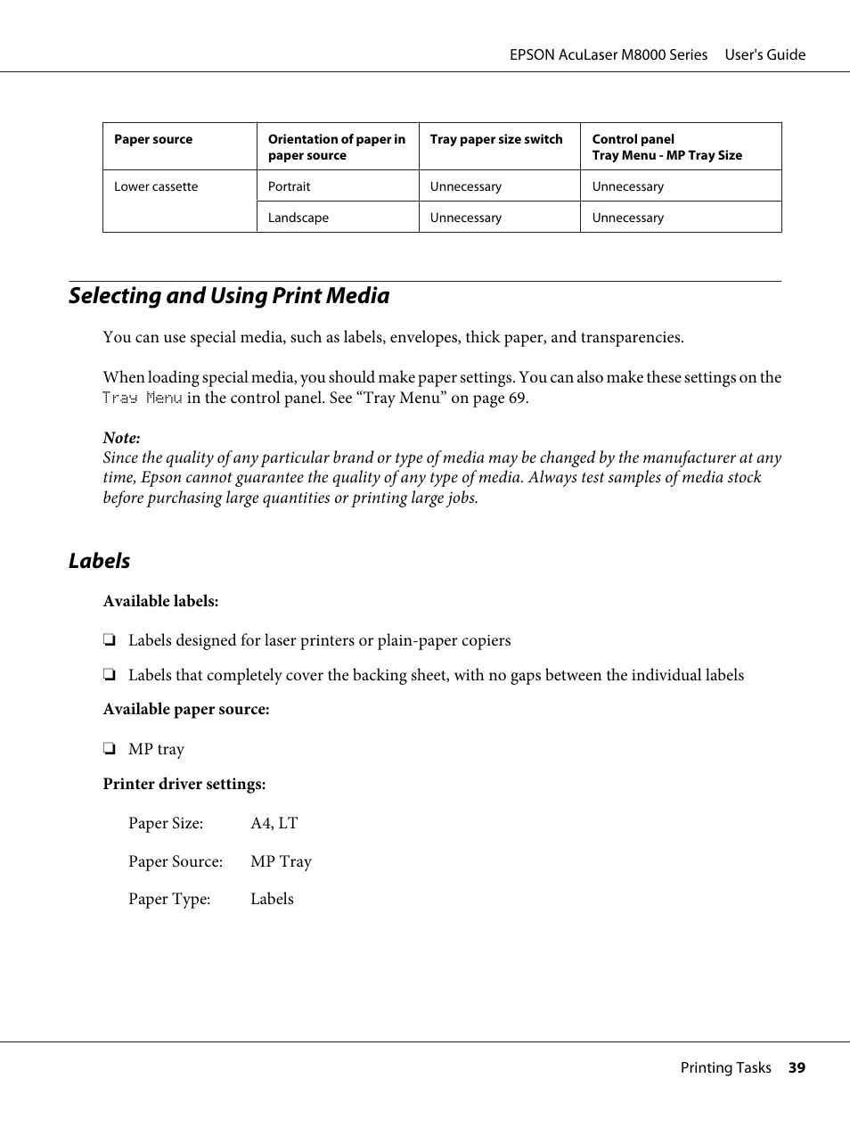 Selecting and using print media, Labels | Epson ACULASER M8000 series User Manual | Page 39 / 248