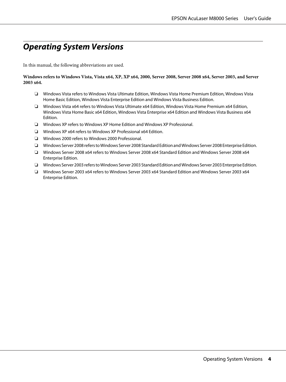 Operating system versions | Epson ACULASER M8000 series User Manual | Page 4 / 248