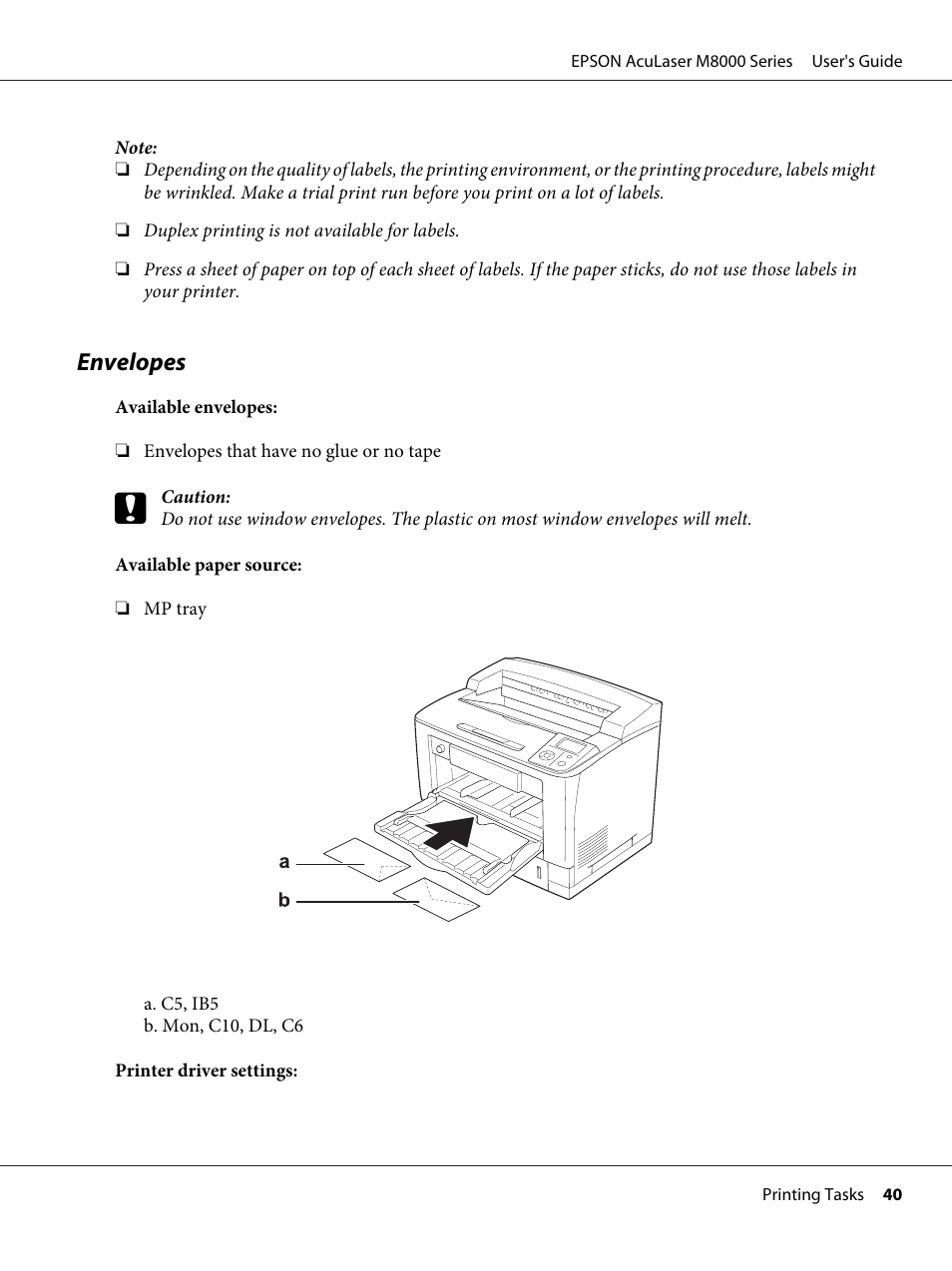 Envelopes | Epson ACULASER M8000 series User Manual | Page 40 / 248