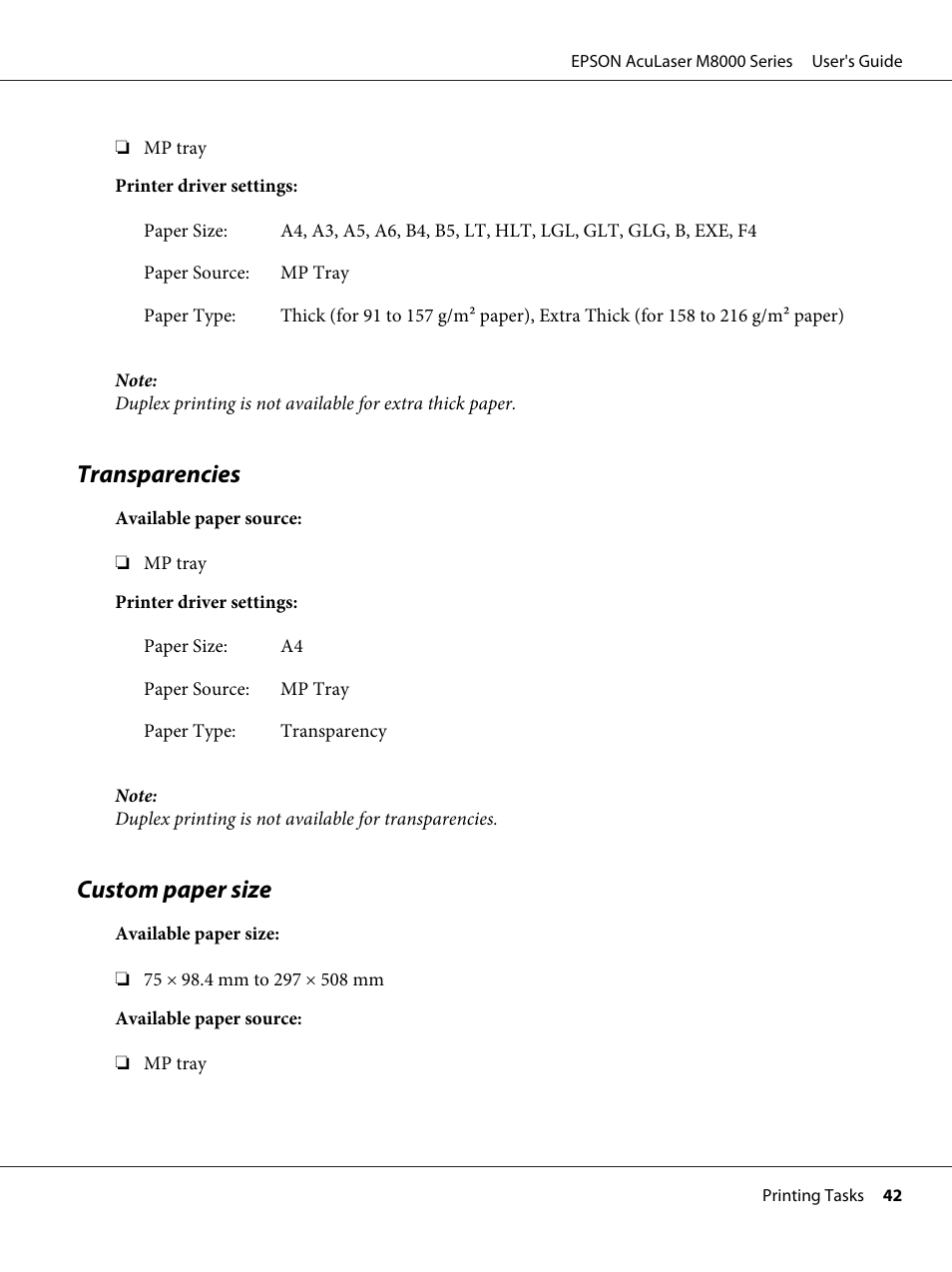 Transparencies, Custom paper size, Transparencies custom paper size | Epson ACULASER M8000 series User Manual | Page 42 / 248