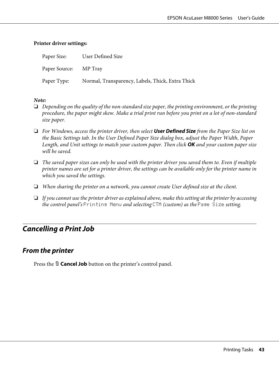 Cancelling a print job, From the printer | Epson ACULASER M8000 series User Manual | Page 43 / 248