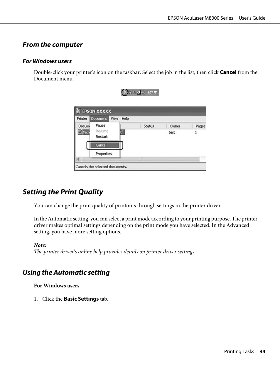 From the computer, Setting the print quality, Using the automatic setting | Epson ACULASER M8000 series User Manual | Page 44 / 248