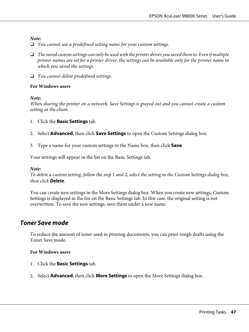 Toner save mode | Epson ACULASER M8000 series User Manual | Page 47 / 248