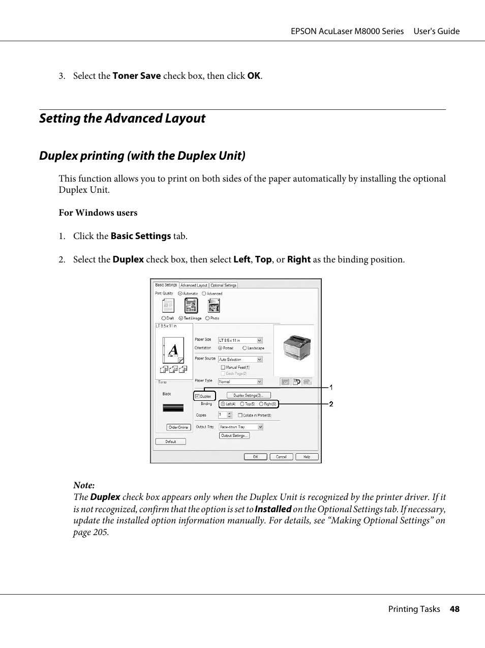 Setting the advanced layout, Duplex printing (with the duplex unit) | Epson ACULASER M8000 series User Manual | Page 48 / 248