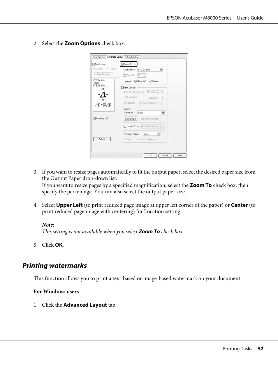 Printing watermarks | Epson ACULASER M8000 series User Manual | Page 52 / 248