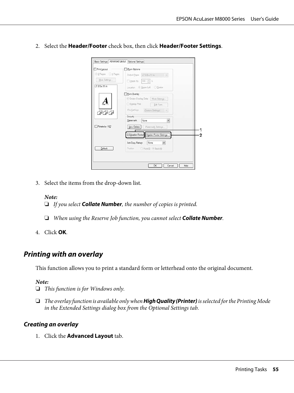 Printing with an overlay | Epson ACULASER M8000 series User Manual | Page 55 / 248
