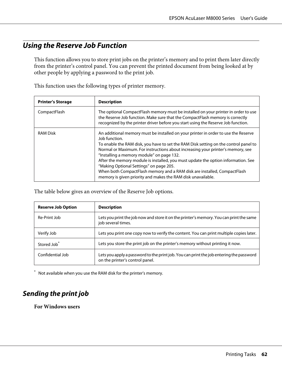 Using the reserve job function, Sending the print job | Epson ACULASER M8000 series User Manual | Page 62 / 248