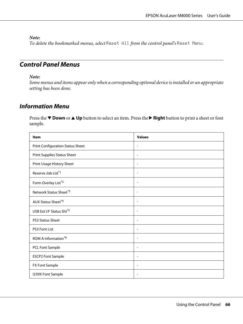 Control panel menus, Information menu, E “control | Epson ACULASER M8000 series User Manual | Page 66 / 248