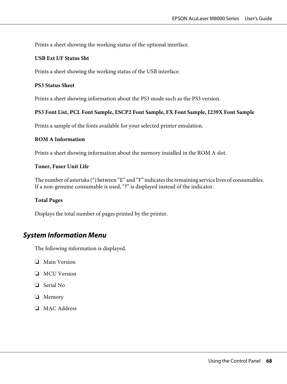 System information menu | Epson ACULASER M8000 series User Manual | Page 68 / 248