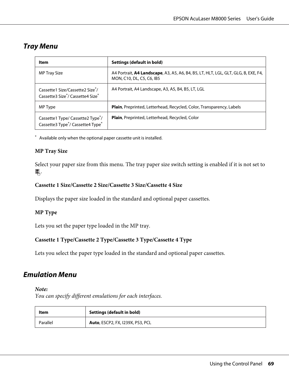 Tray menu, Emulation menu, Tray menu emulation menu | Epson ACULASER M8000 series User Manual | Page 69 / 248