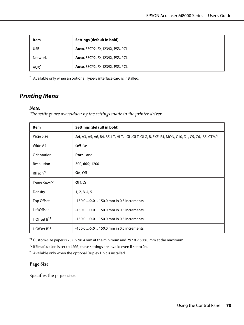 Printing menu, Page size specifies the paper size | Epson ACULASER M8000 series User Manual | Page 70 / 248