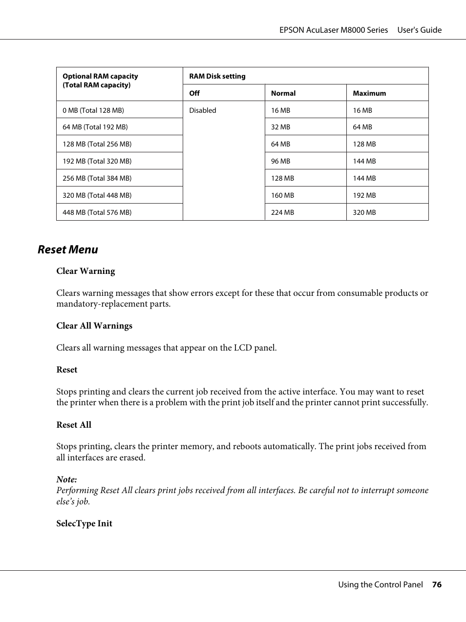 Reset menu | Epson ACULASER M8000 series User Manual | Page 76 / 248