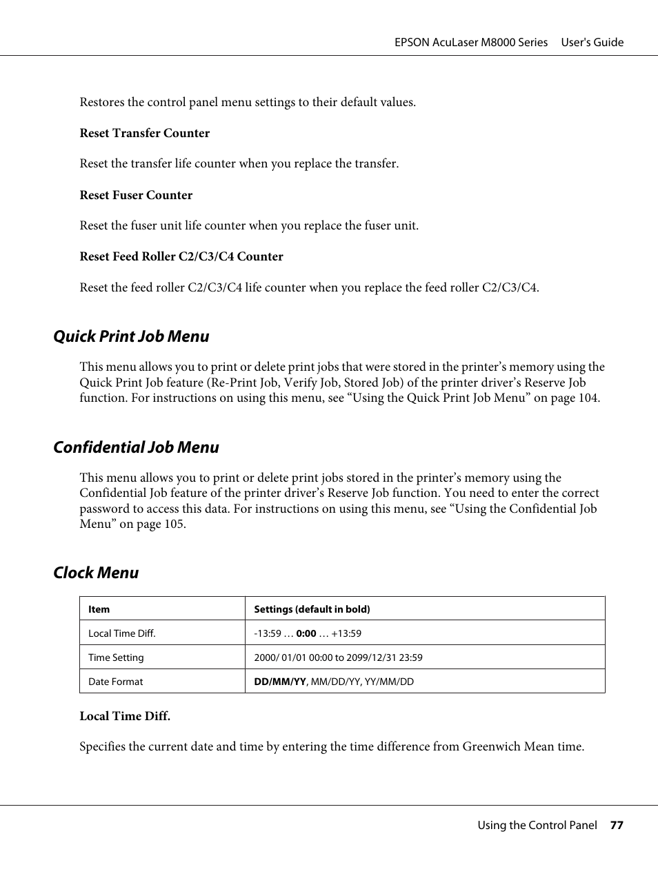 Quick print job menu, Confidential job menu, Clock menu | Epson ACULASER M8000 series User Manual | Page 77 / 248