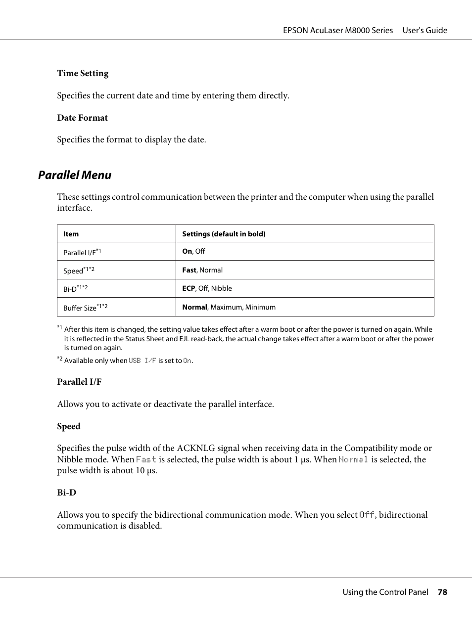 Parallel menu | Epson ACULASER M8000 series User Manual | Page 78 / 248