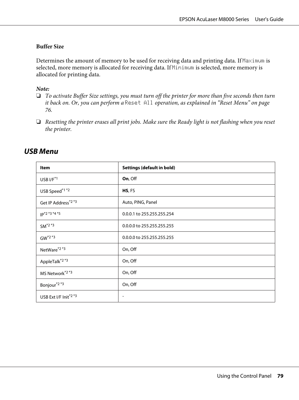 Usb menu | Epson ACULASER M8000 series User Manual | Page 79 / 248