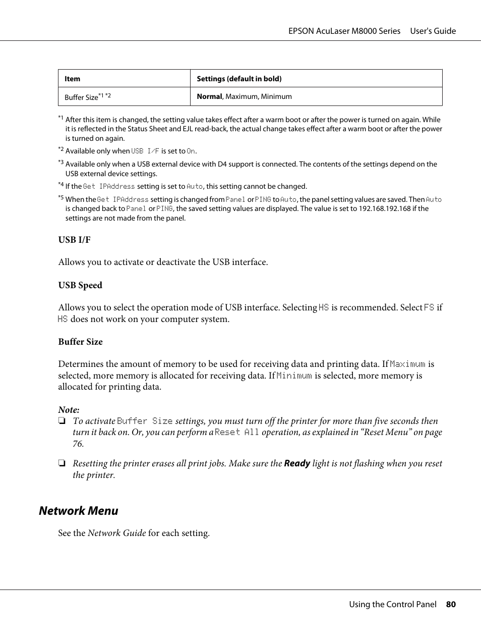 Network menu | Epson ACULASER M8000 series User Manual | Page 80 / 248