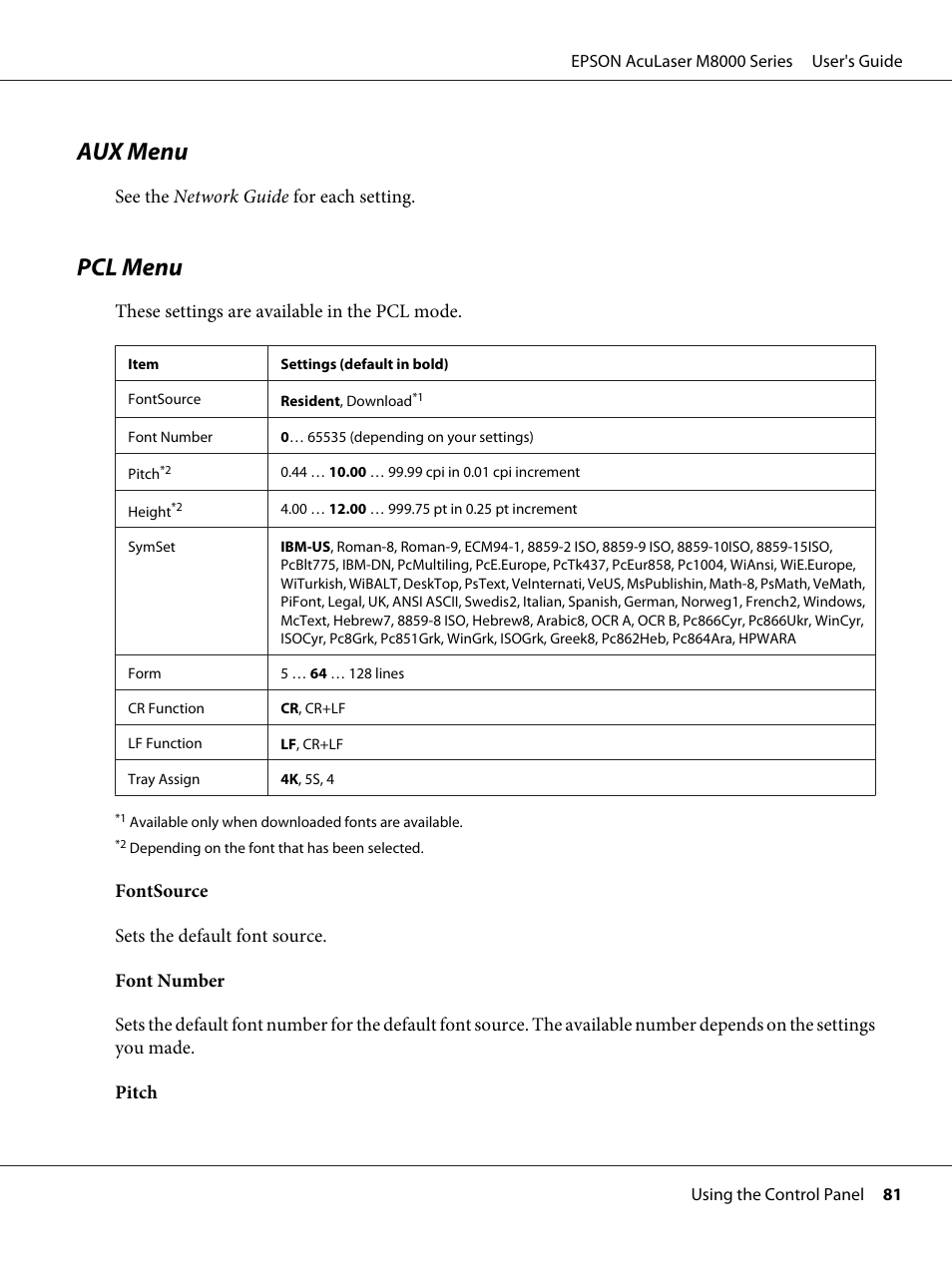 Aux menu, Pcl menu, Aux menu pcl menu | Epson ACULASER M8000 series User Manual | Page 81 / 248